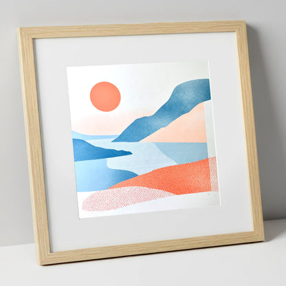 Ennerdale Valley in Coral and Blue lake district valley art print in natural frame