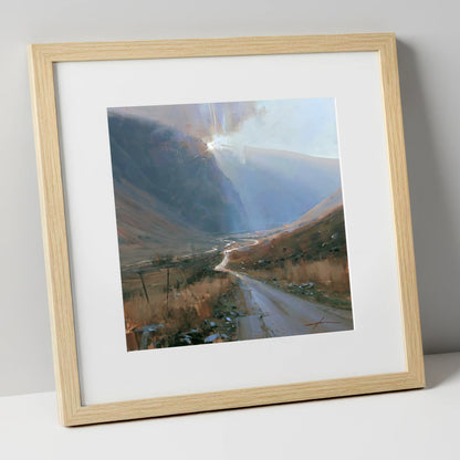 Mountain Pass in Breaking Light lake district valley art print in natural frame