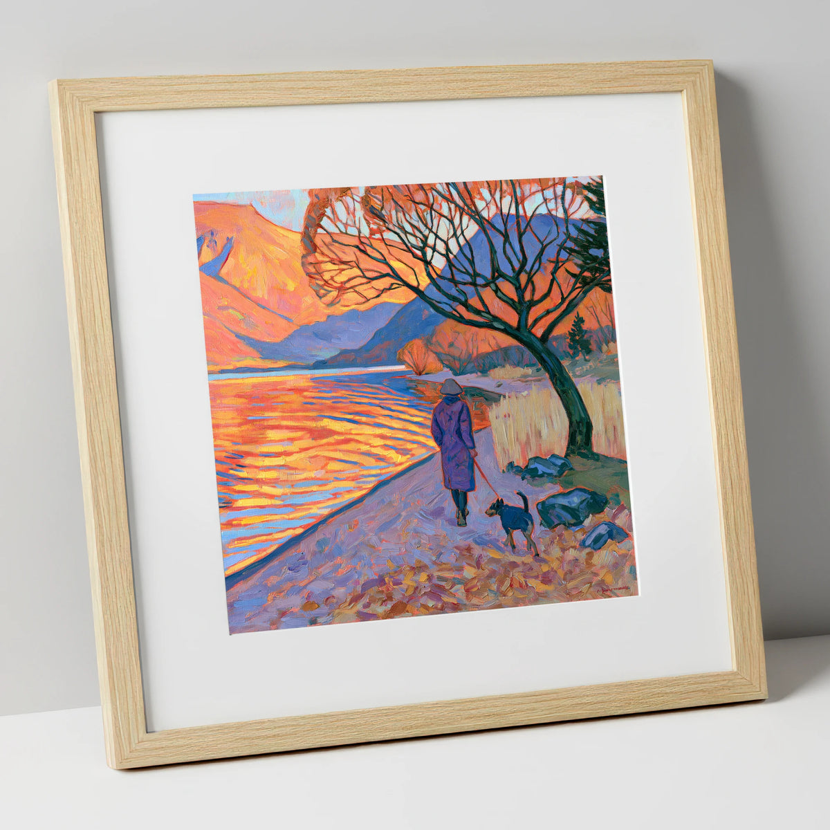 Sunset Dog Walk at Ullswater gifts for dog walkers art print in natural frame