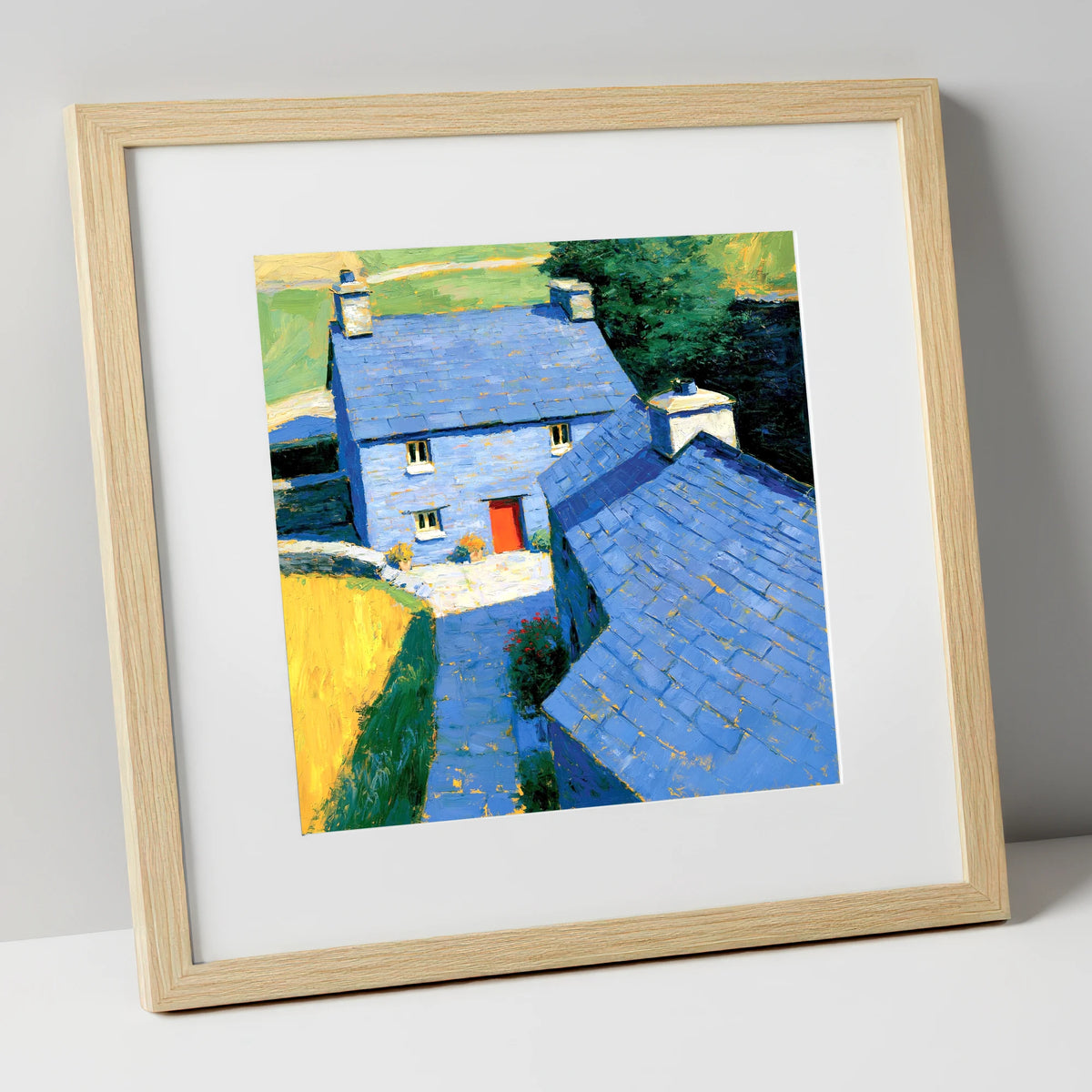 Vibrant Blue Slate Cottages lake district village art print in natural frame