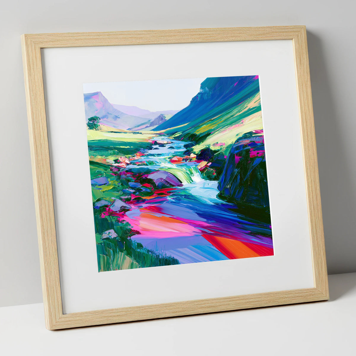 Vivid Fellside Beck Waterfall lake district waterfall art print in natural frame