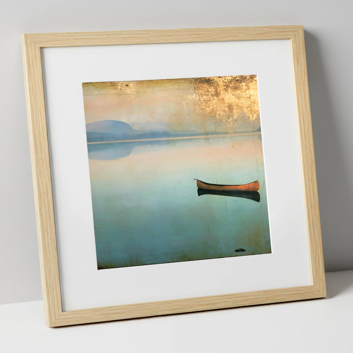 Windermere Canoe in Golden Haze lake district lake art print in natural frame