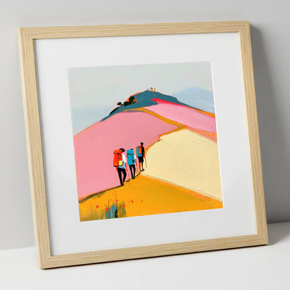 Colourful Fell Ridge Hikers lake district fell art print in natural frame