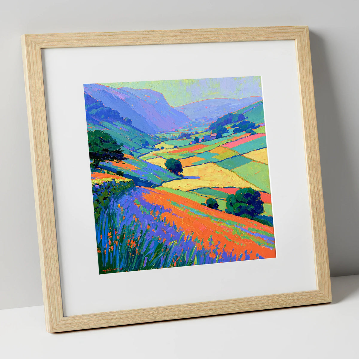 Colourful Patchwork Dale Fields lake district valley art print in natural frame
