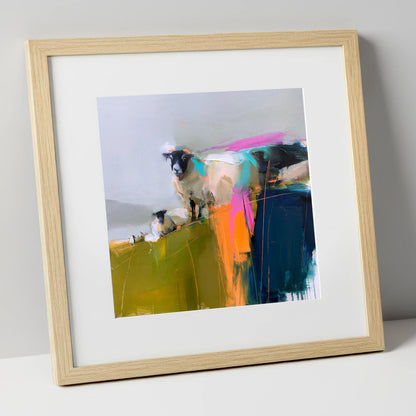 Vibrant Herdwick Sheep on Fellside lake district wildlife art print in natural frame