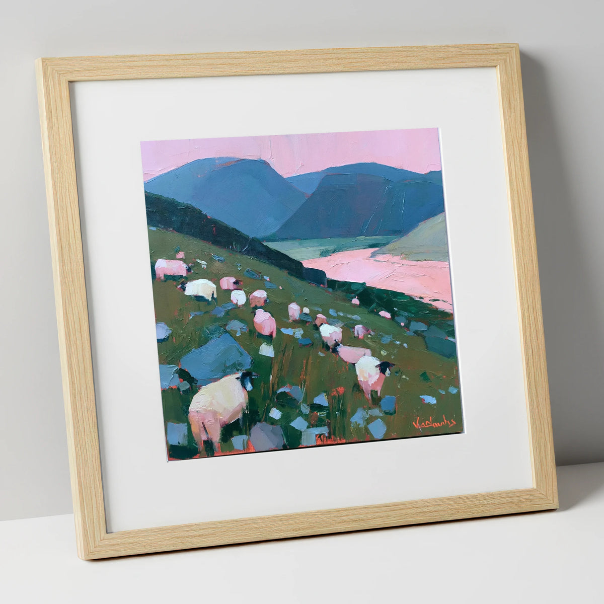 Herdwick Sheep Under Pink Skies lake district wildlife art print in natural frame