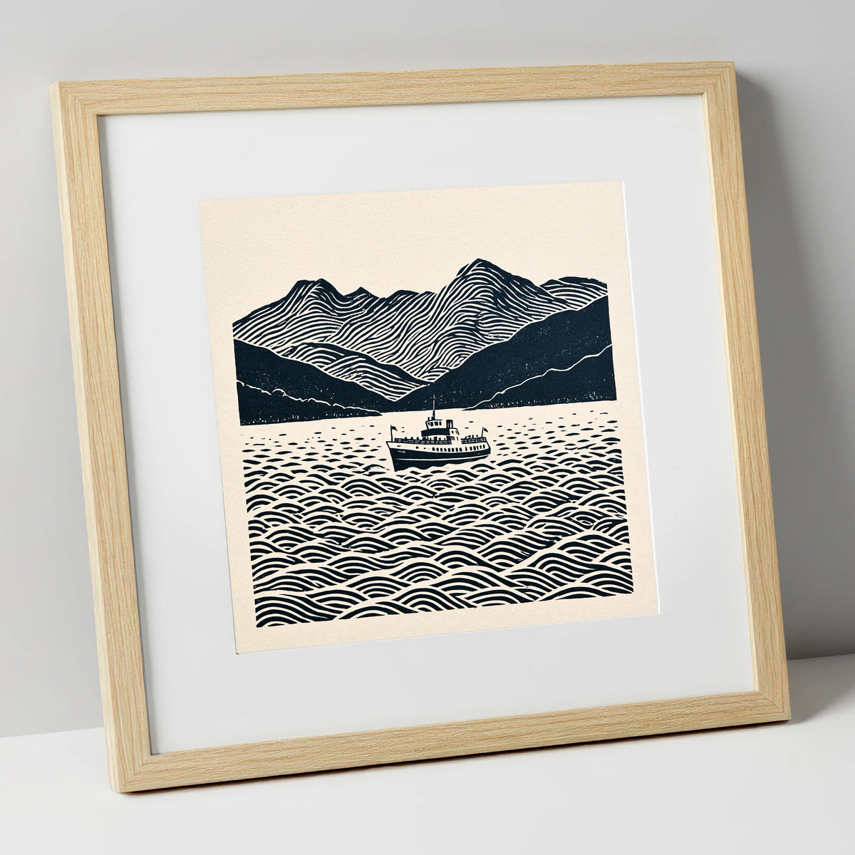 Windermere Cruiser Against Rhythmic Fells lake district lake art print in natural frame