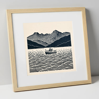 Windermere Cruiser Against Rhythmic Fells lake district lake art print in natural frame