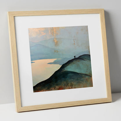 Silhouetted Walkers on Catbells Ridge lake district fell art print in natural frame