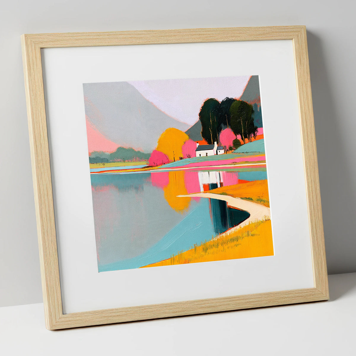 Vibrant Cottage and Lake Reflections lake district lake art print in natural frame