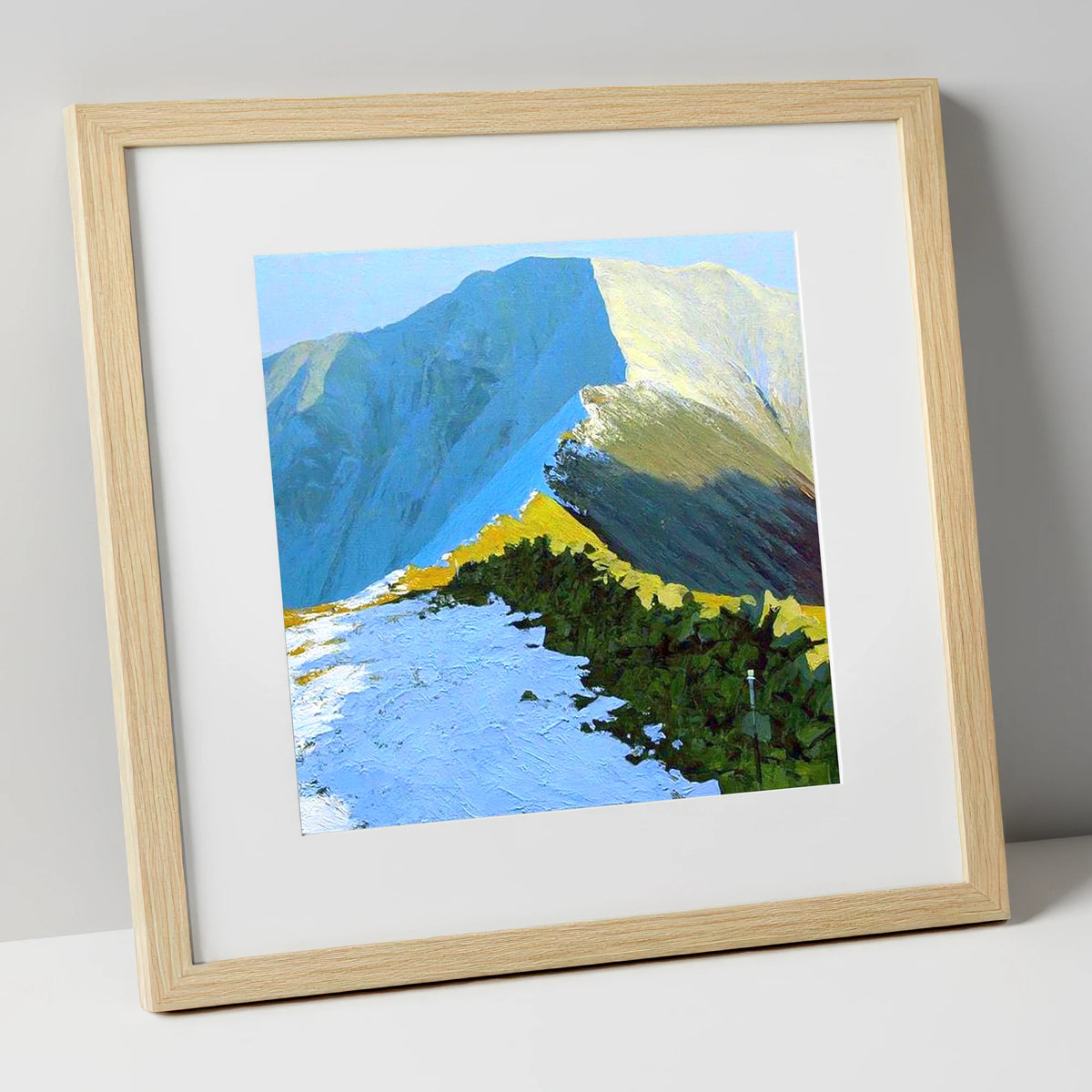 Sunlit Snow on Fairfield Ridge lake district fell art print in natural frame