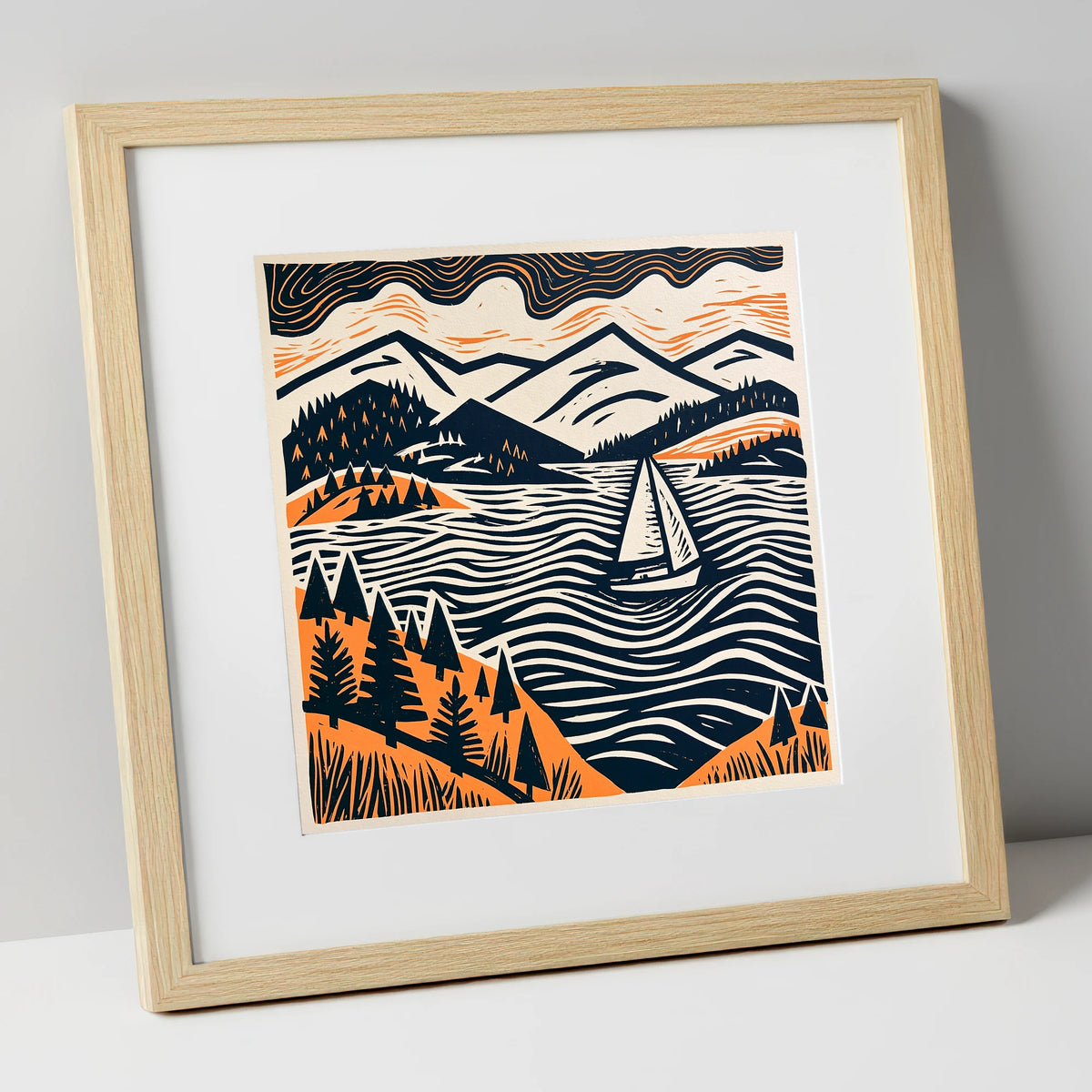 Windermere Sailboat in Terracotta and Navy lake district lake art print in natural frame