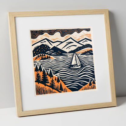 Windermere Sailboat in Terracotta and Navy lake district lake art print in natural frame