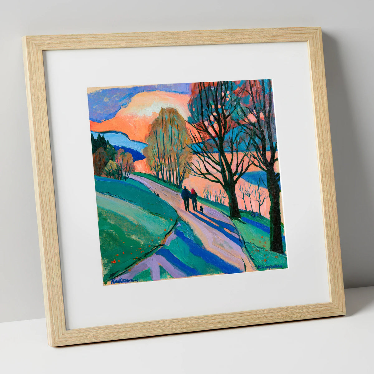Keswick Sunset Dog Walk gifts for dog walkers art print in natural frame