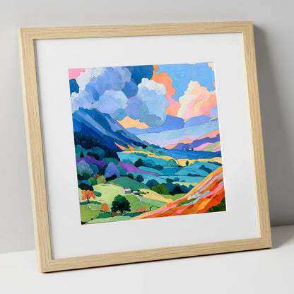 Colourful Fells Under Billowing Clouds lake district fell art print in natural frame