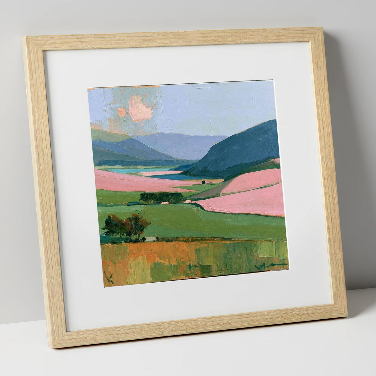 Vibrant Valley and Teal Fells lake district valley art print in natural frame