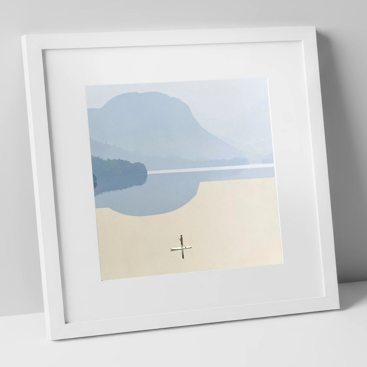 Paddleboarding Under Misty Blue Fells lake district walking art print in white frame