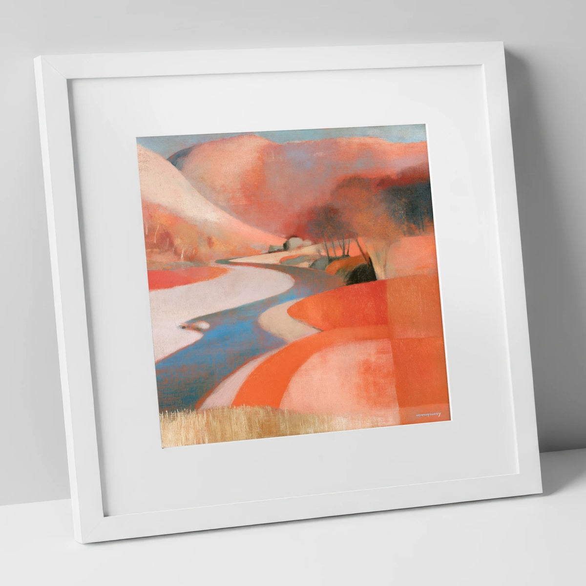 Winding Valley River in Terracotta lake district waterfall art print in white frame