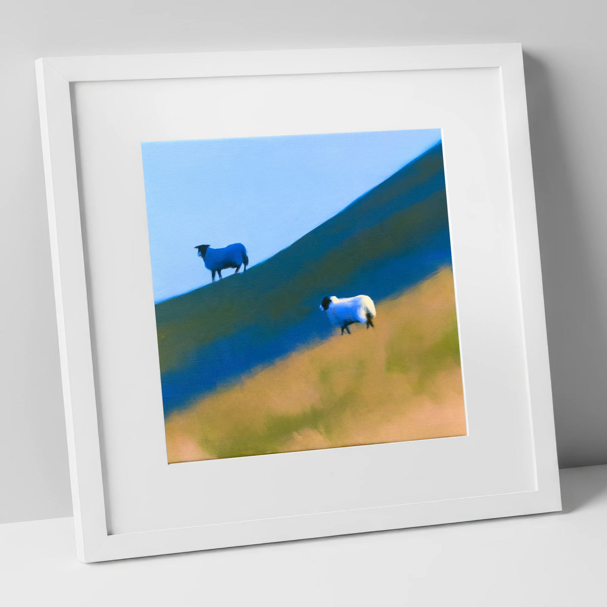 Herdwick Sheep on Blue Fellside lake district wildlife art print in white frame