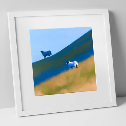 Herdwick Sheep on Blue Fellside lake district wildlife art print in white frame