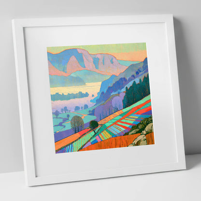 Vivid Morning Valley Mist lake district sky art print in white frame