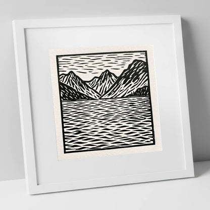 Monochrome Fells and Lake Reflections lake district lake art print in white frame