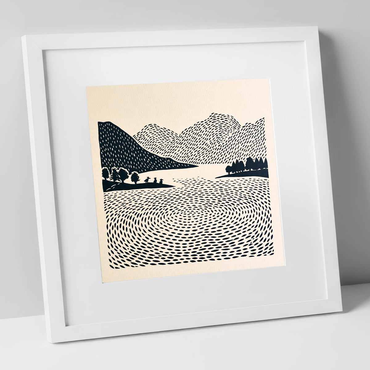Graphic Grasmere Lake and Fells lake district lake art print in white frame