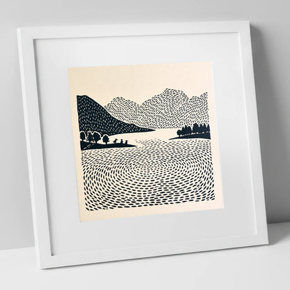 Graphic Grasmere Lake and Fells lake district lake art print in white frame
