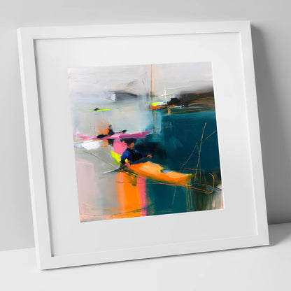 Vibrant Kayaks on Teal Water lake district walking art print in white frame