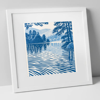 Rippled Blue Lake at Dawn lake district lake art print in white frame