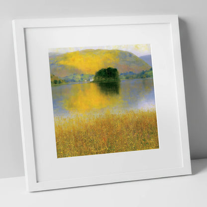 Golden Fells at Grasmere lake district lake art print in white frame