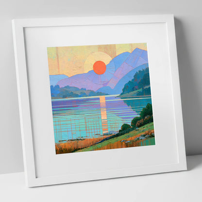 Geometric Lakeland Sunset Over Water lake district lake art print in white frame