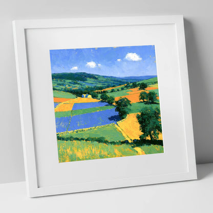 Colourful Dale Patchwork Fields lake district valley art print in white frame