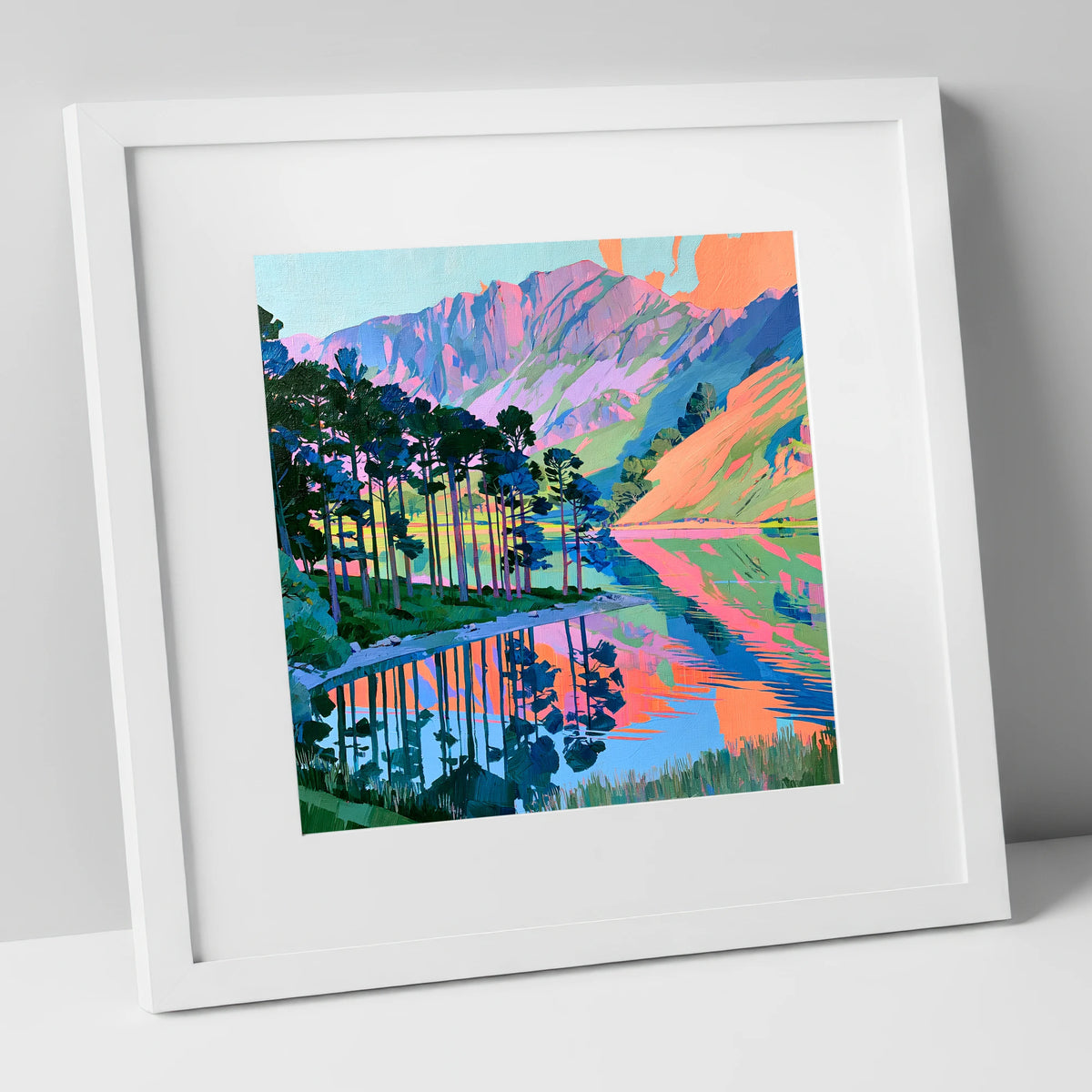 Vibrant Buttermere Scots Pines lake district lake art print in white frame