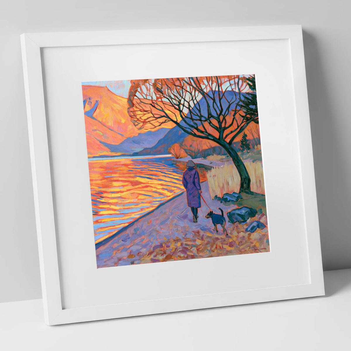 Sunset Dog Walk at Ullswater gifts for dog walkers art print in white frame