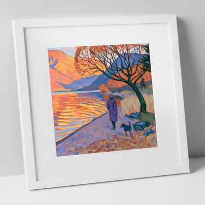 Sunset Dog Walk at Ullswater gifts for dog walkers art print in white frame