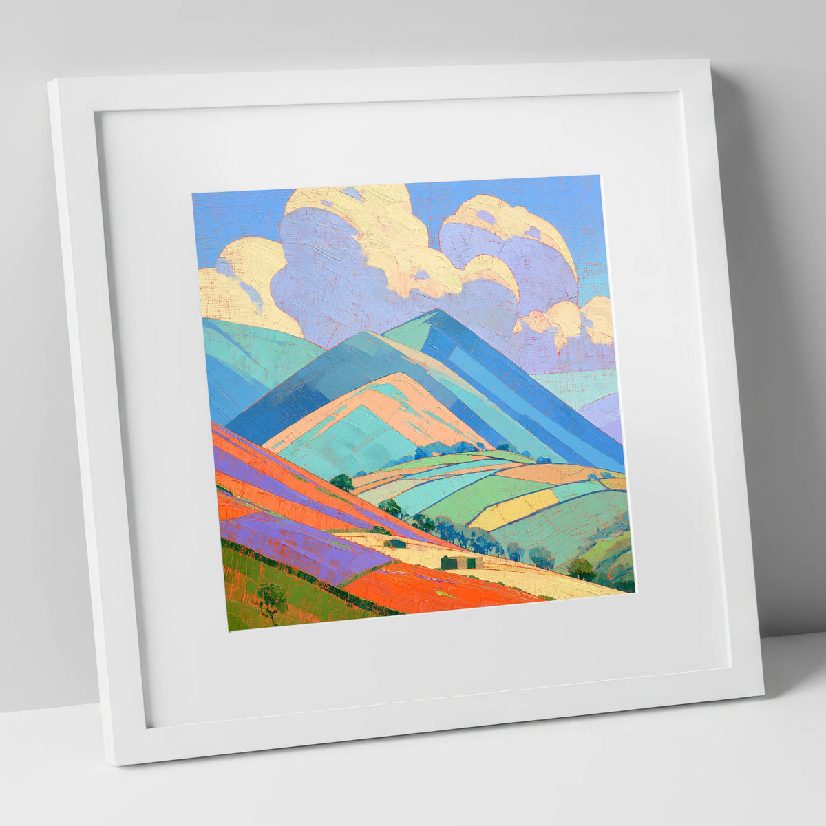 Turquoise and Orange Rolling Fells lake district fell art print in white frame