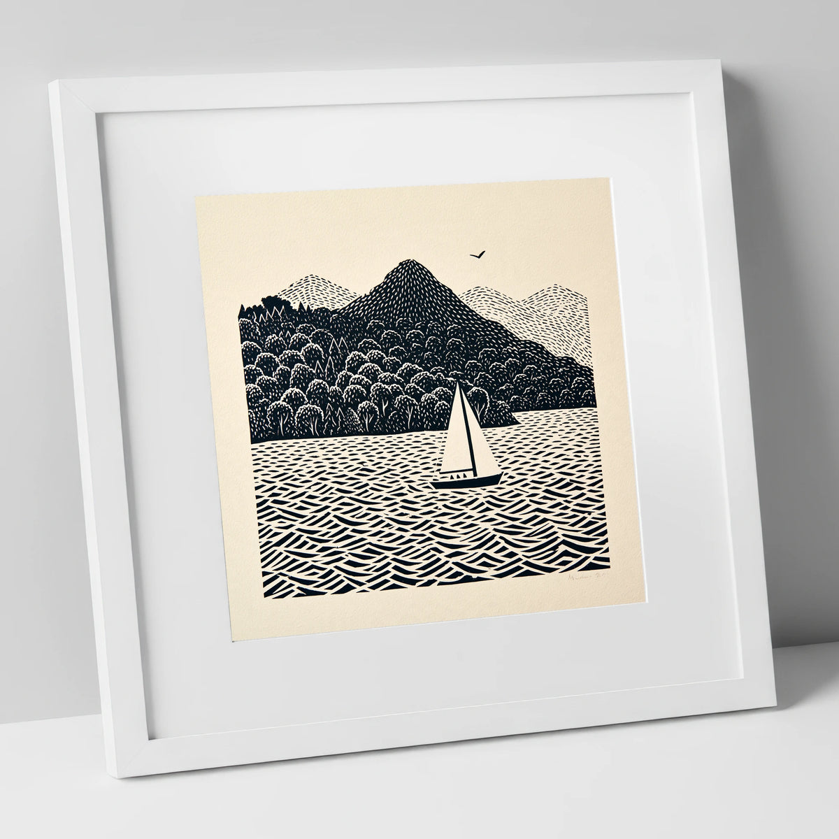 Monochrome Windermere Sailboat lake district lake art print in white frame
