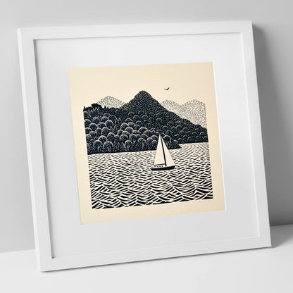Monochrome Windermere Sailboat lake district lake art print in white frame