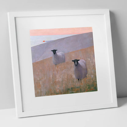 Herdwick Sheep on Lavender Fells lake district wildlife art print in white frame