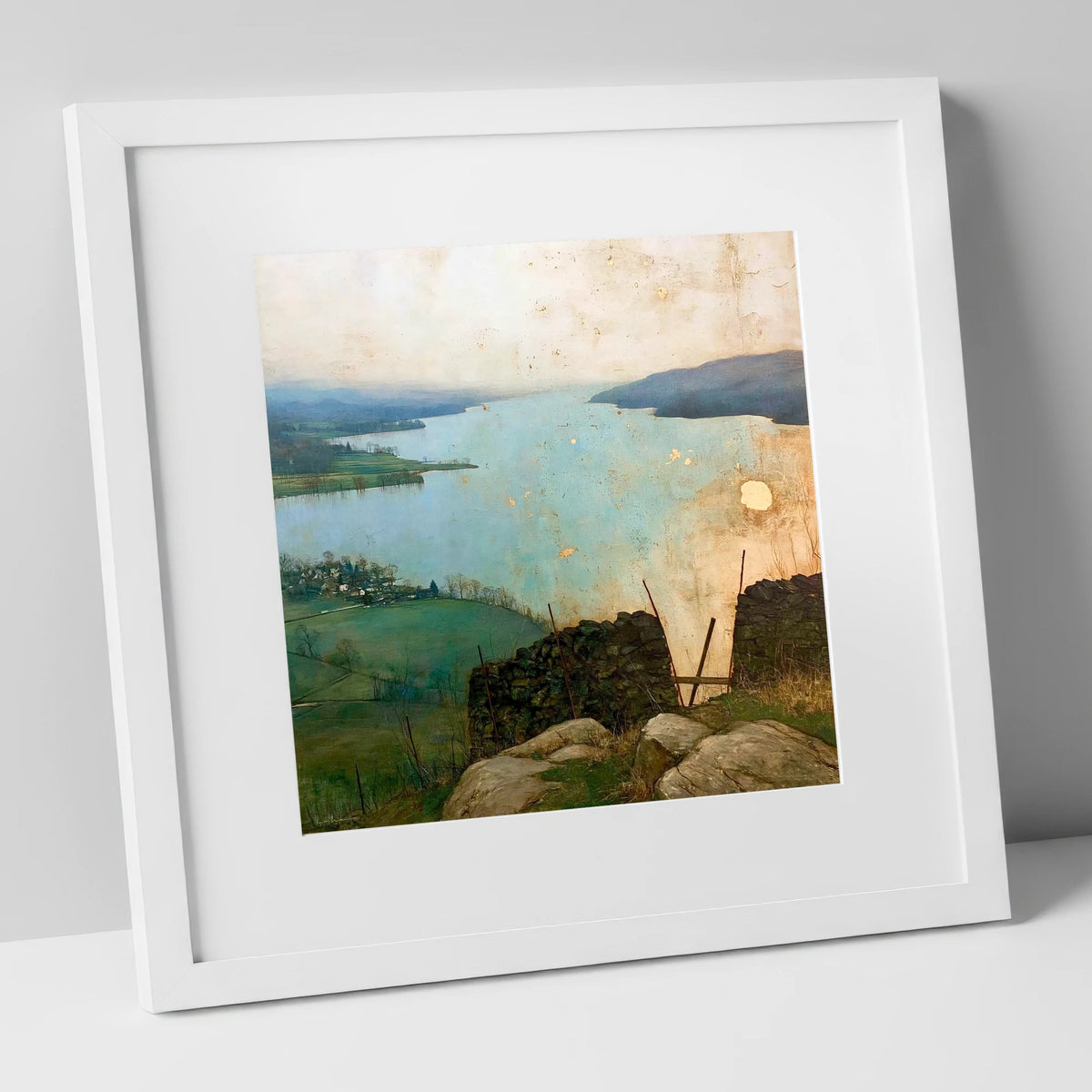Lake Windermere in Golden Haze lake district lake art print in white frame