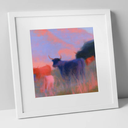 Highland Cattle in Violet Dusk lake district wildlife art print in white frame