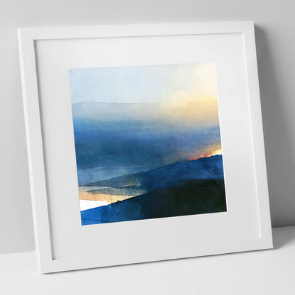 Summit View in Deep Indigo lake district fell art print in white frame
