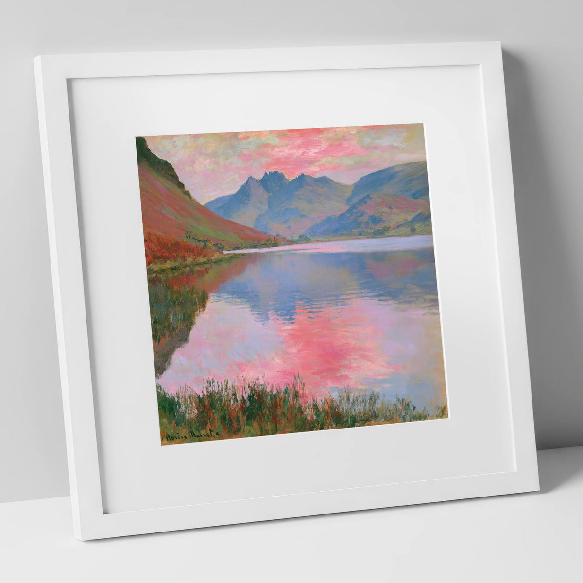 Pink Sunset Reflections on Loweswater lake district lake art print in white frame