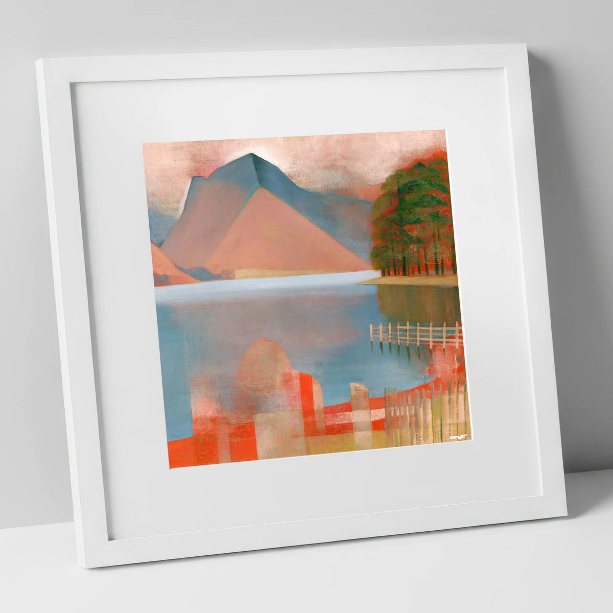 Buttermere in Warm Terracotta lake district lake art print in white frame