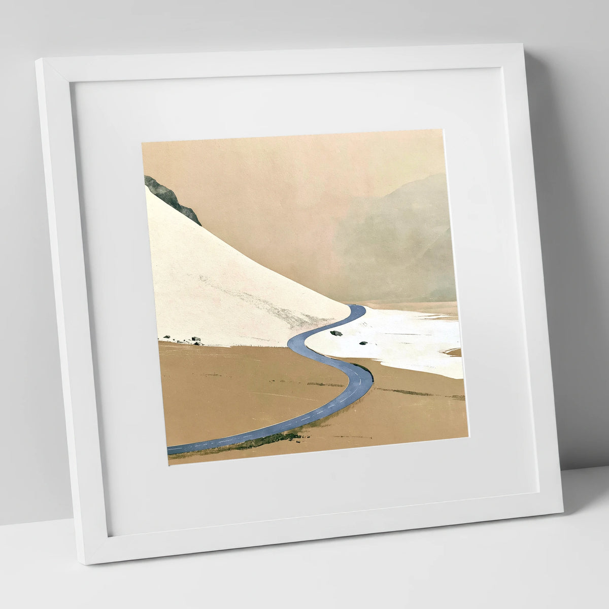 Winter Road through High Fells lake district valley art print in white frame