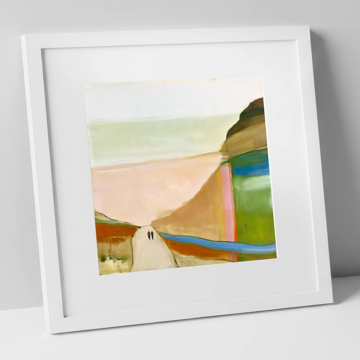 Walkers on a Bold Mountain Path lake district walking art print in white frame
