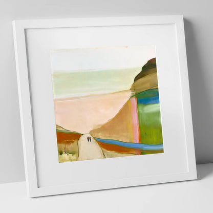 Walkers on a Bold Mountain Path lake district walking art print in white frame