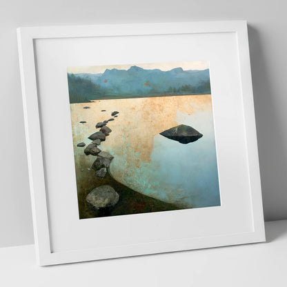 Scattered Rocks on Golden Elterwater lake district lake art print in white frame