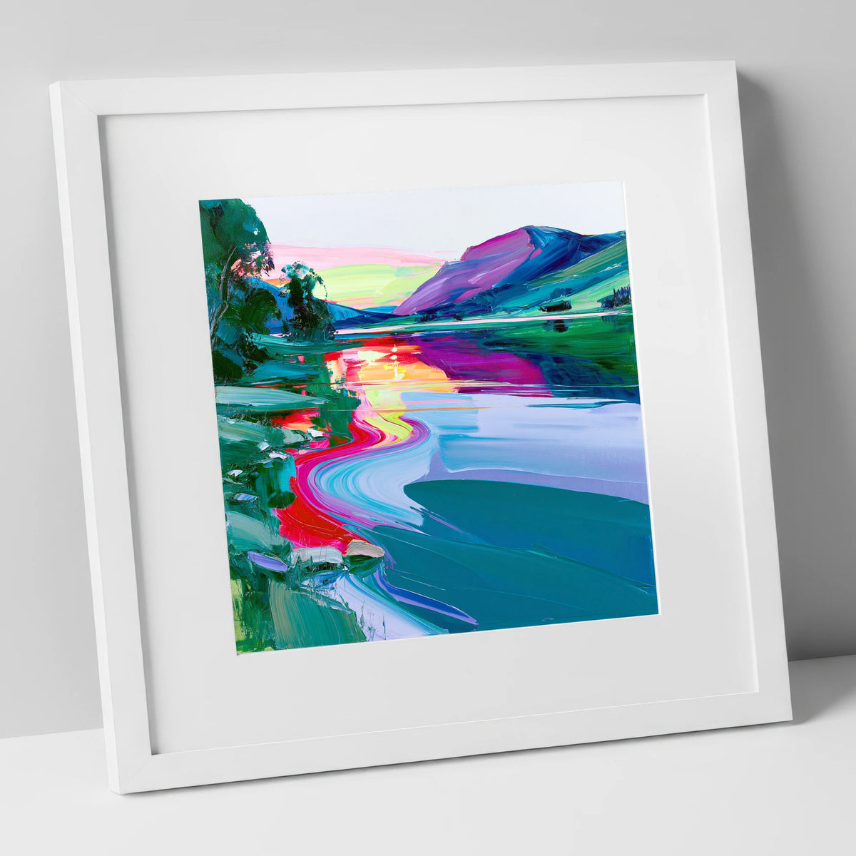 Vivid Mountain Lake Sunset lake district lake art print in white frame
